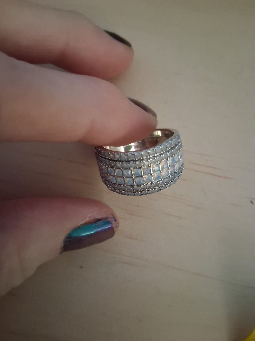 Wide Silver Opal Mosaic Pavé Ring - Women's Fashion Band SIZE 8
